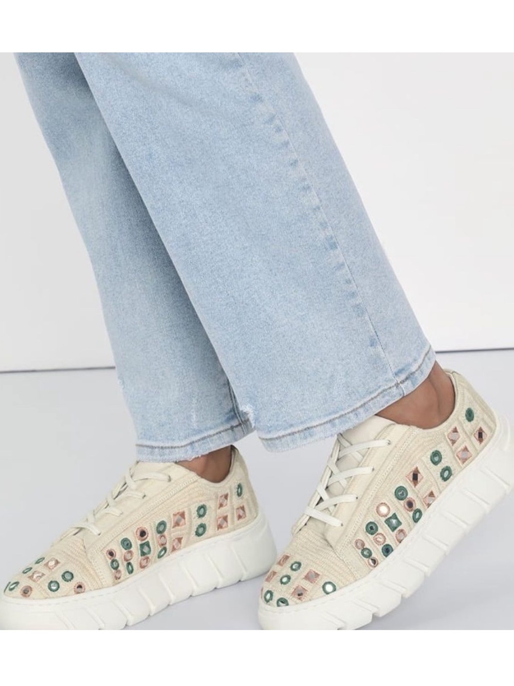 Free People Women’s Catch Me If You Can Cream Mirror Embellished Sneakers Sz 40